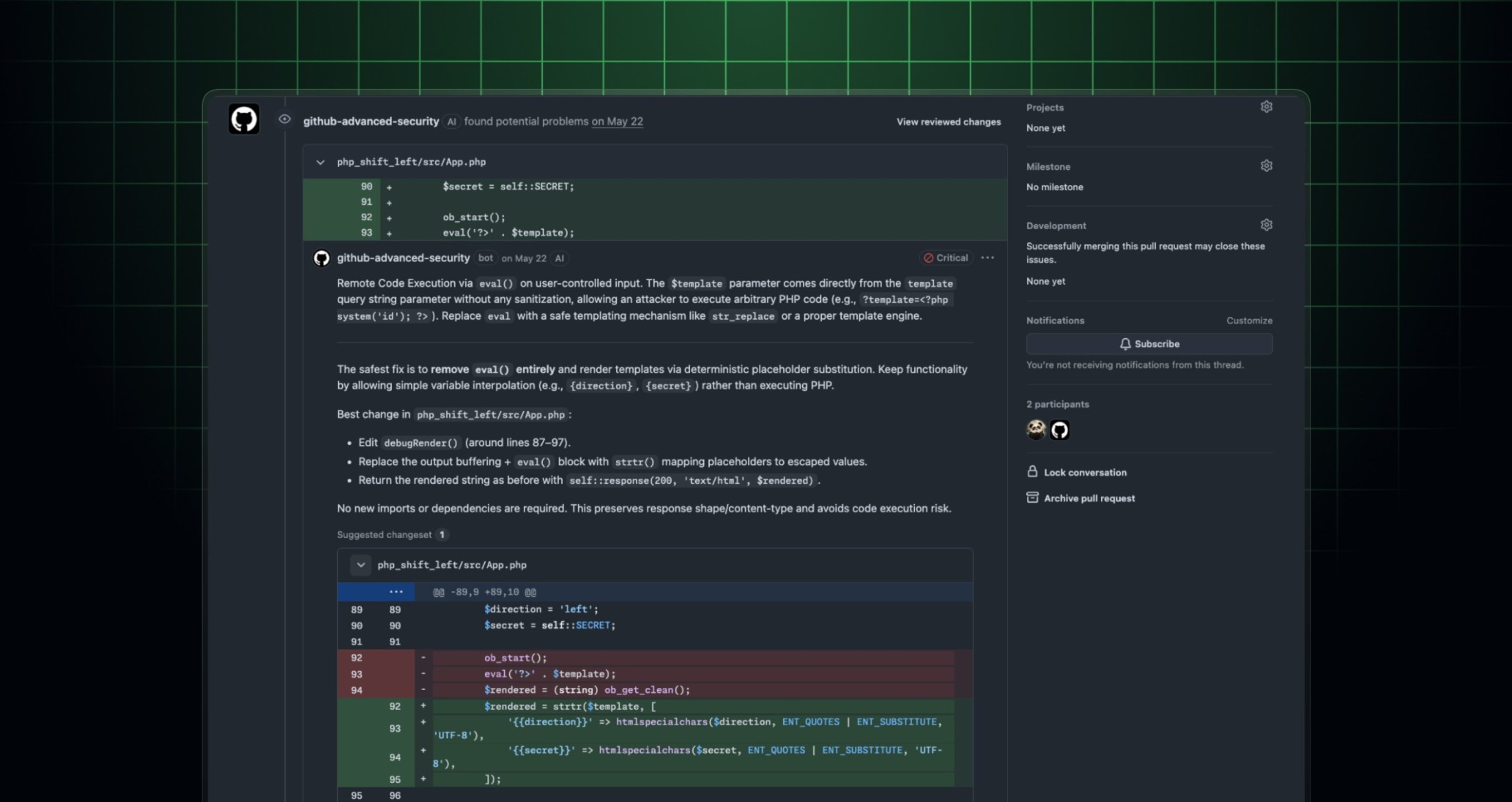 GitHub 官方截图：AI Scan 在拉取请求中提示潜在漏洞与修复建议