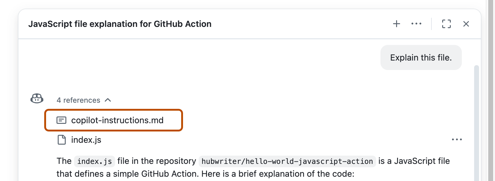 GitHub 官方截图:Copilot 回答引用列表中的仓库指令文件