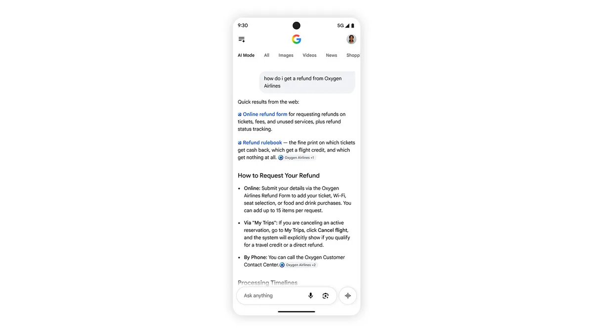 Google 官方界面示意:AI 搜索回答顶部显示相关原网站链接