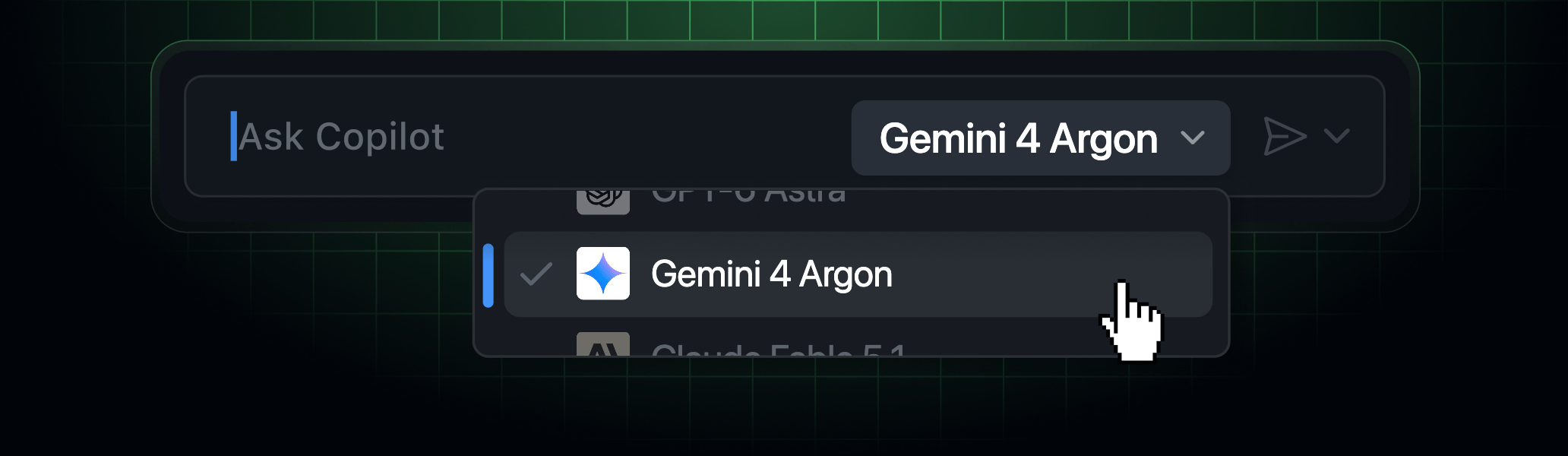 GitHub 官方界面示意:Copilot 模型选择器中的 Gemini 4 Argon
